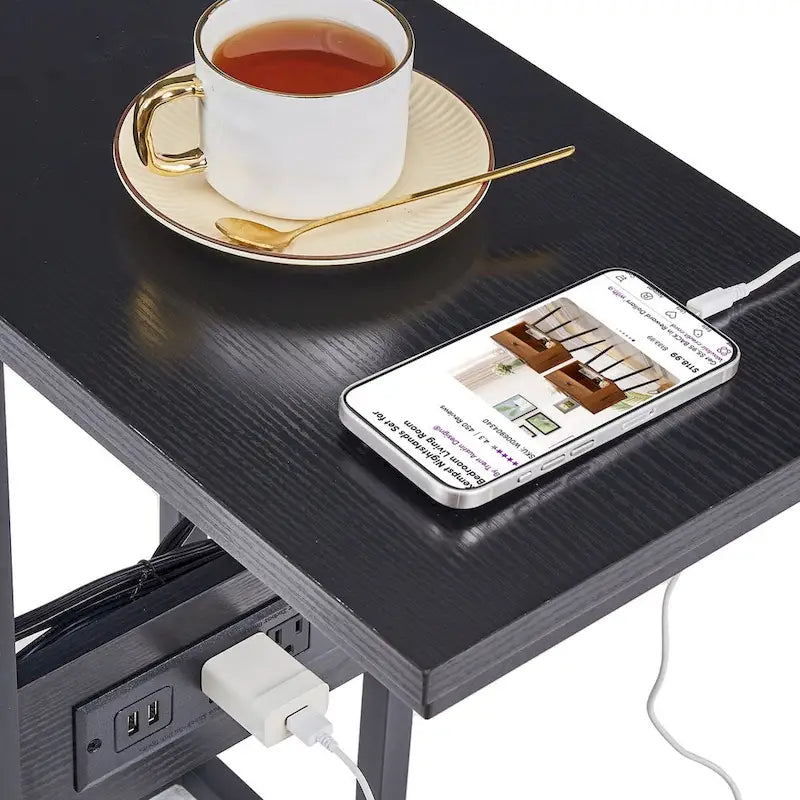 Black C-Shaped Side Table with USB Charging Station