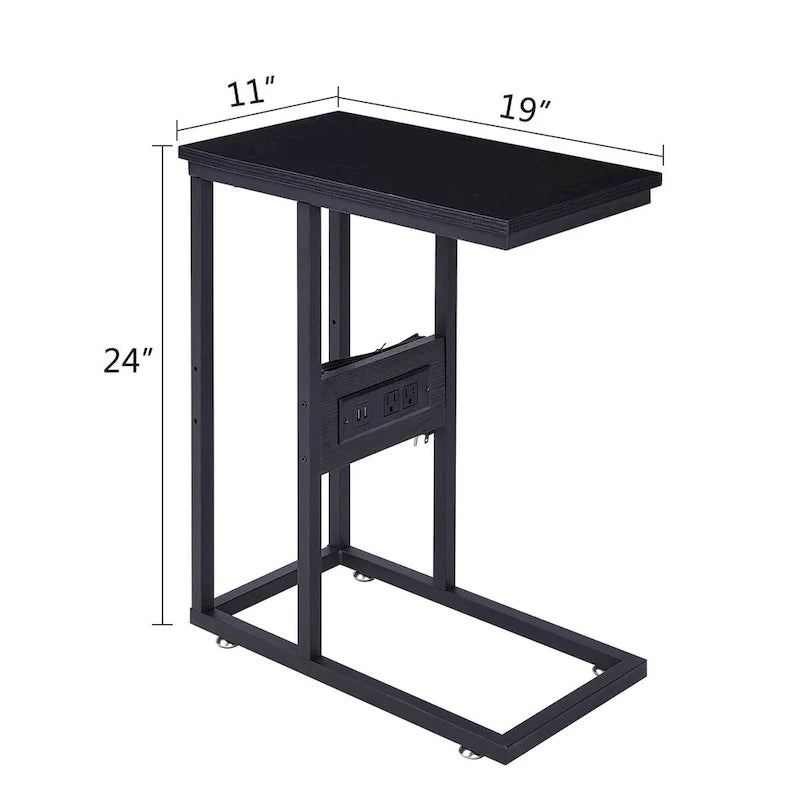 Black C-Shaped Side Table with USB Charging Station