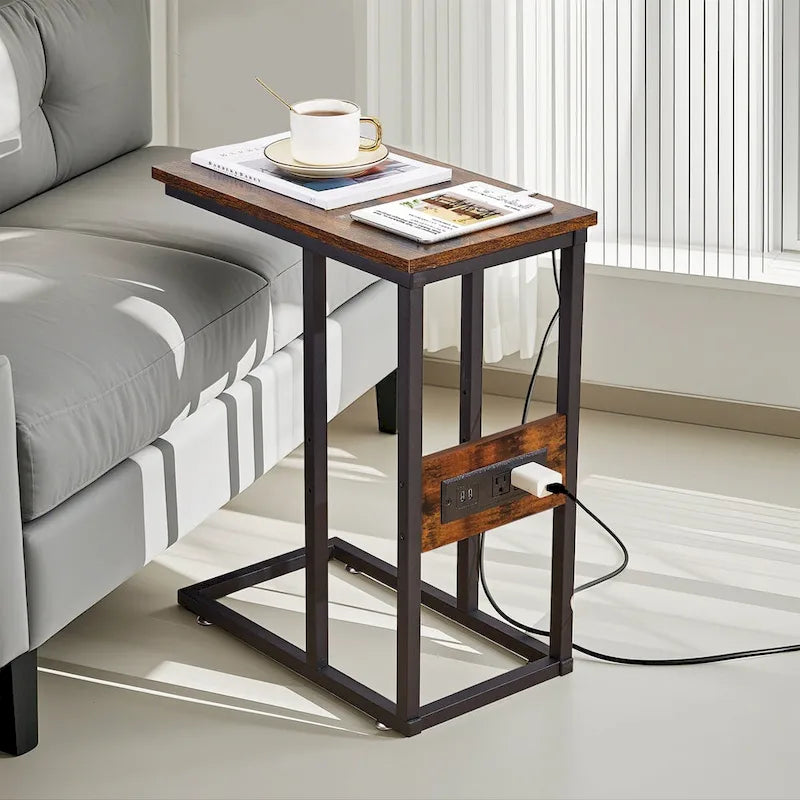 Black C-Shaped Side Table with USB Charging Station