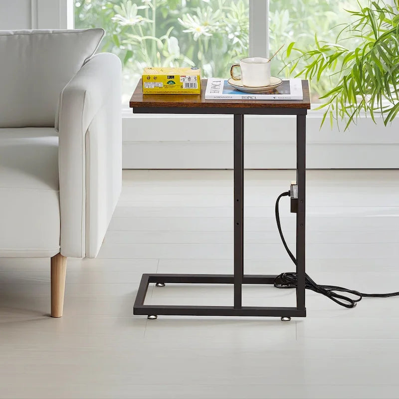Black C-Shaped Side Table with USB Charging Station