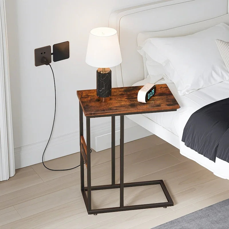Black C-Shaped Side Table with USB Charging Station