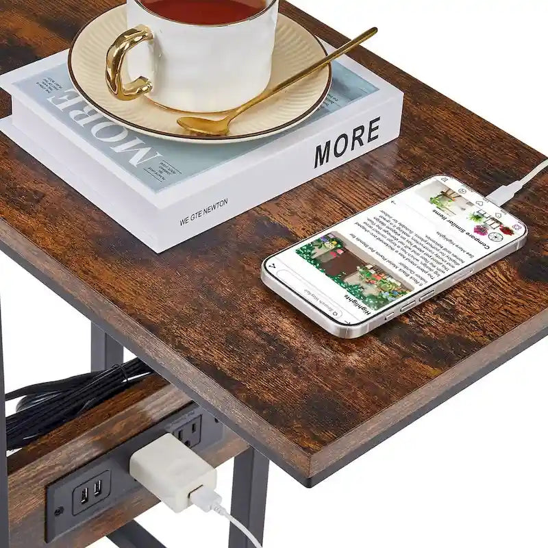 Black C-Shaped Side Table with USB Charging Station