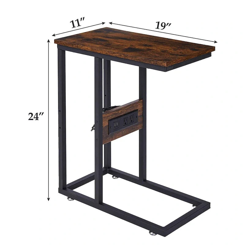 Black C-Shaped Side Table with USB Charging Station