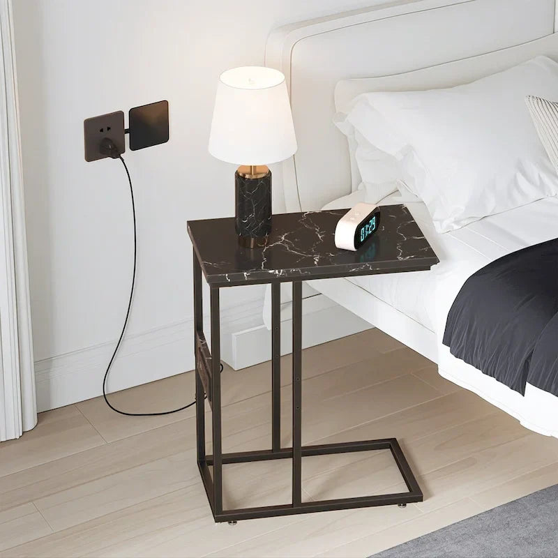 Black C-Shaped Side Table with USB Charging Station