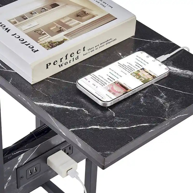 Black C-Shaped Side Table with USB Charging Station