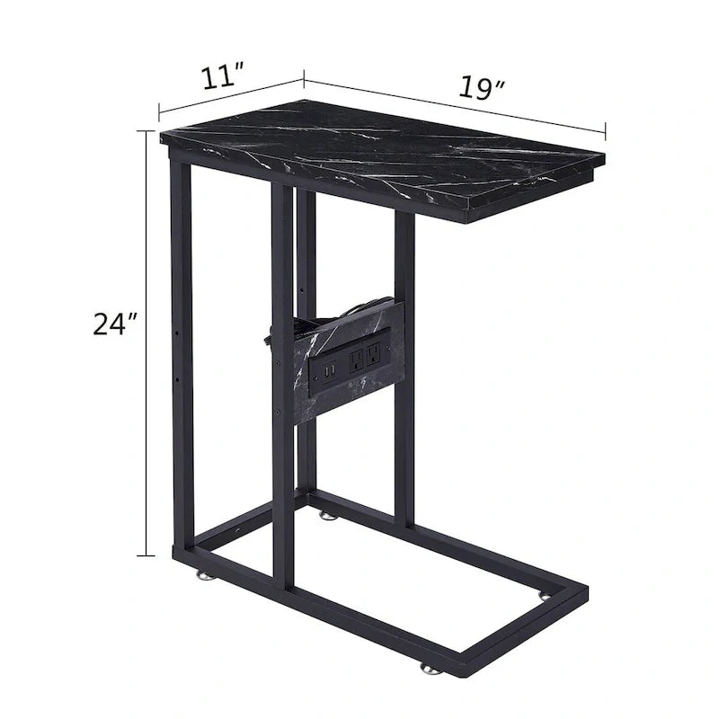 Black C-Shaped Side Table with USB Charging Station