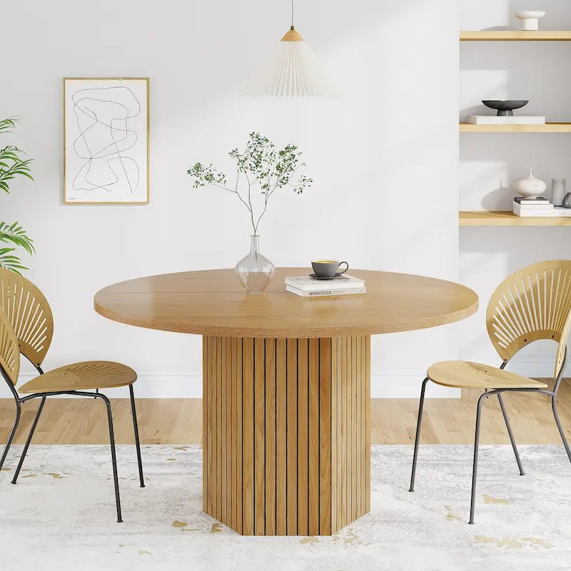 Wood Round Dining Table for 4-6 with Hexagonal Pedestal Base