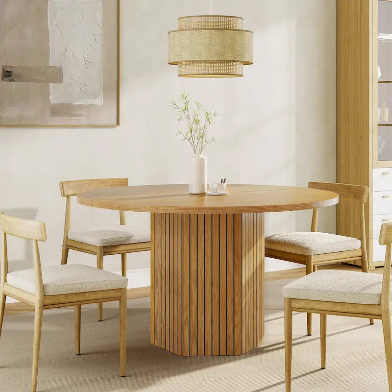 Wood Round Dining Table for 4-6 with Hexagonal Pedestal Base