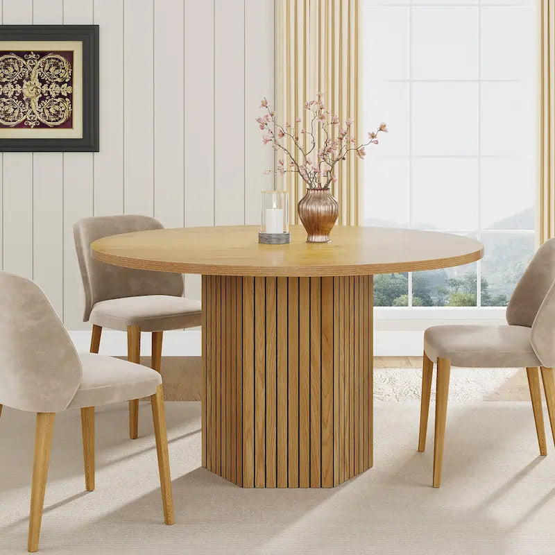 Wood Round Dining Table for 4-6 with Hexagonal Pedestal Base