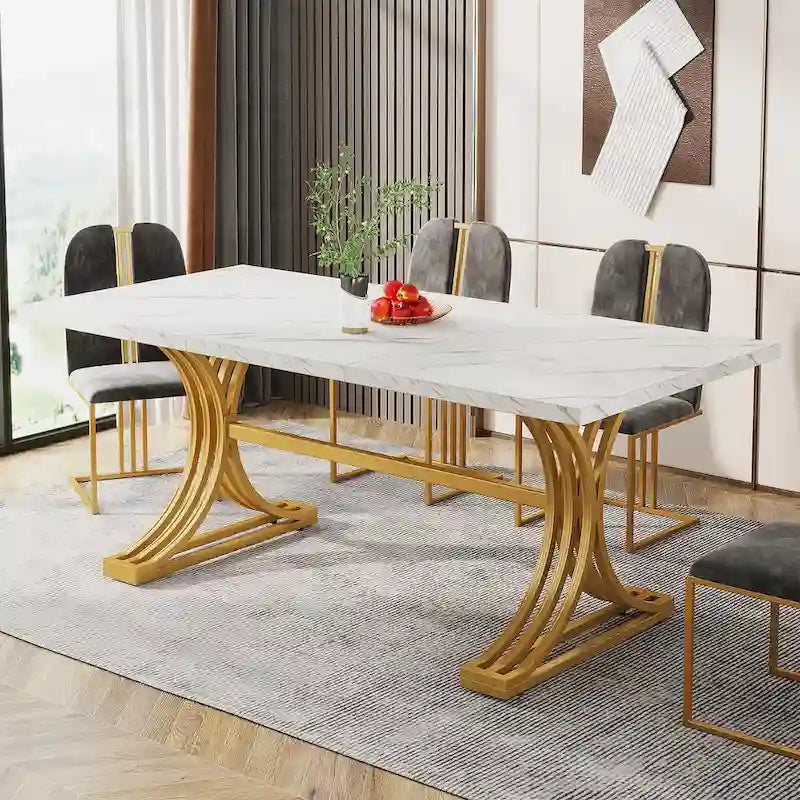 Faux Marble Dining Table with Gold Legs for 6-8