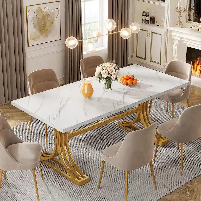 Faux Marble Dining Table with Gold Legs for 6-8