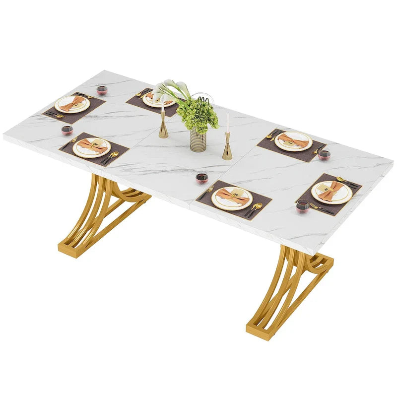Faux Marble Dining Table with Gold Legs for 6-8