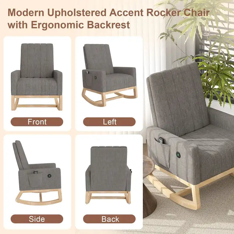 Grey Teddy Velvet Rocking Chair with Adjustable Back & Footrest, 1-Person