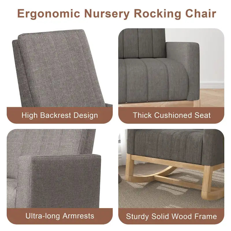 Grey Teddy Velvet Rocking Chair with Adjustable Back & Footrest, 1-Person