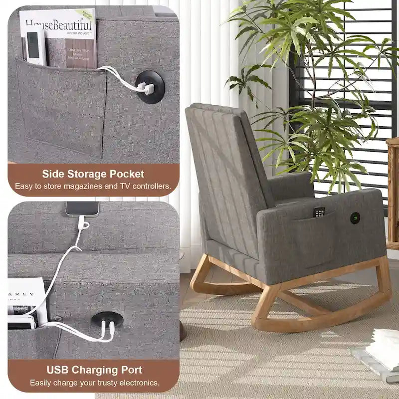 Grey Teddy Velvet Rocking Chair with Adjustable Back & Footrest, 1-Person