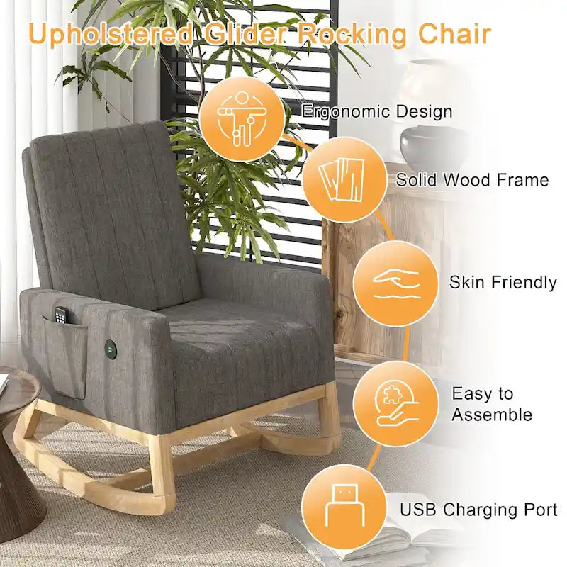Grey Teddy Velvet Rocking Chair with Adjustable Back & Footrest, 1-Person