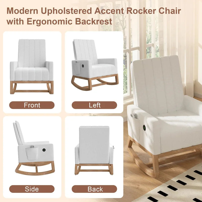 Grey Teddy Velvet Rocking Chair with Adjustable Back & Footrest, 1-Person