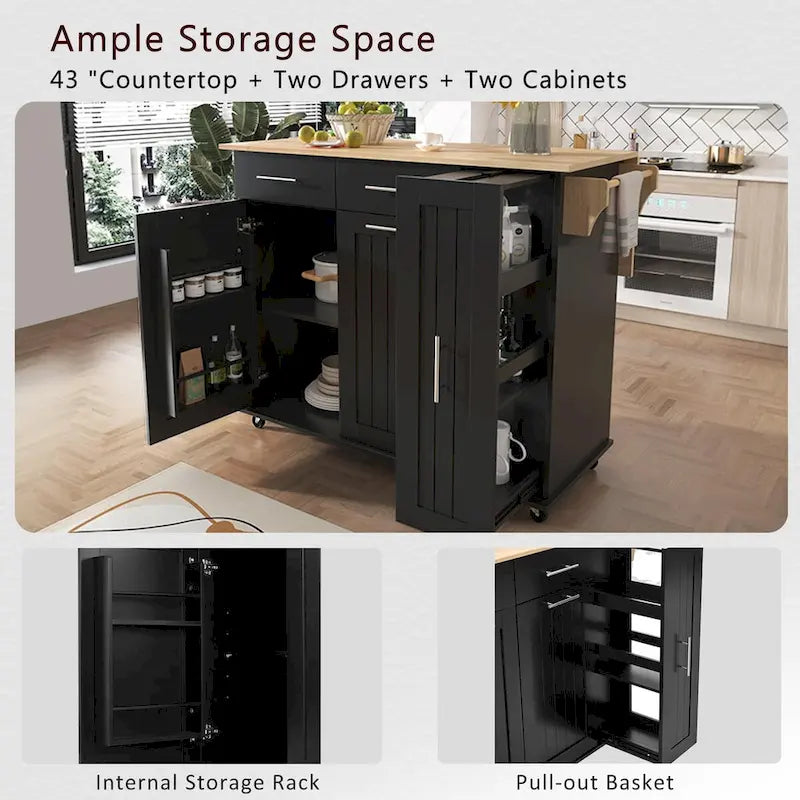 Kitchen Island Cart - Black/White - Drop Leaf - Rolling