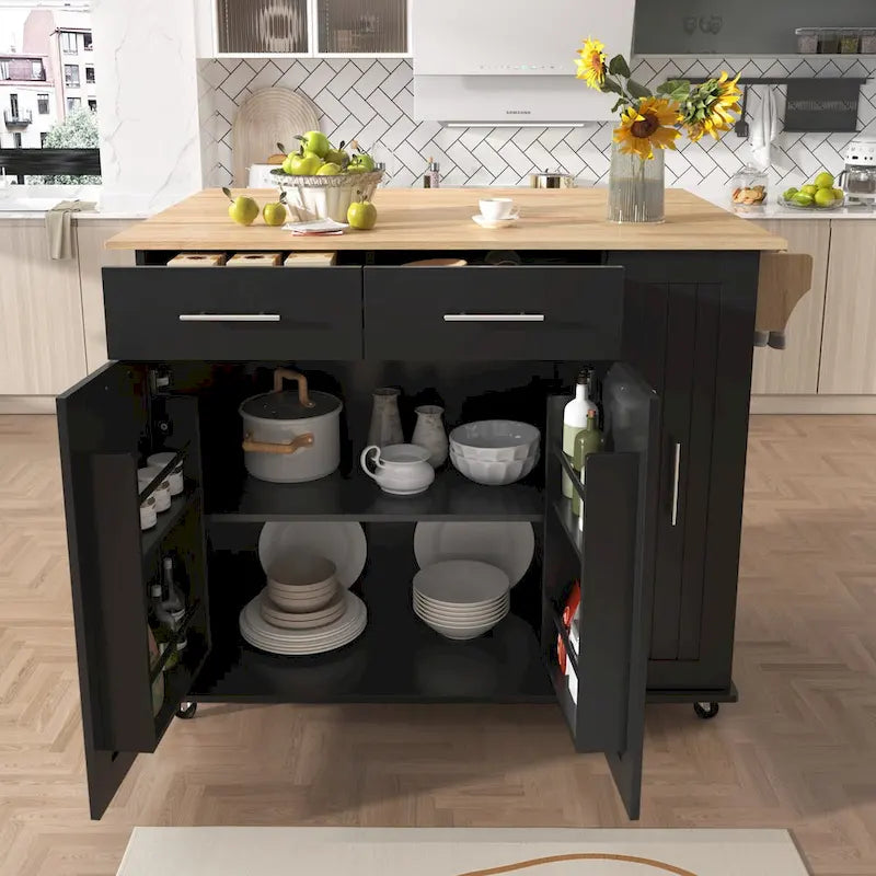 Kitchen Island Cart - Black/White - Drop Leaf - Rolling