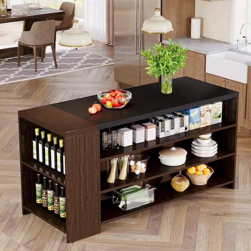 55 Inches Brown All-Wood Kitchen Island with Storage for Dining Room