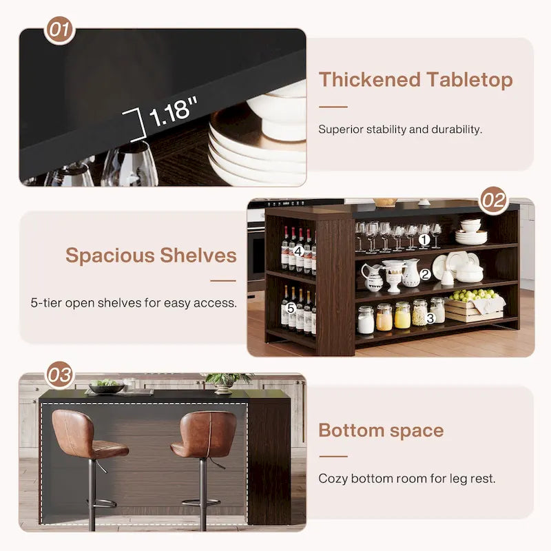 55 Inches Brown All-Wood Kitchen Island with Storage for Dining Room