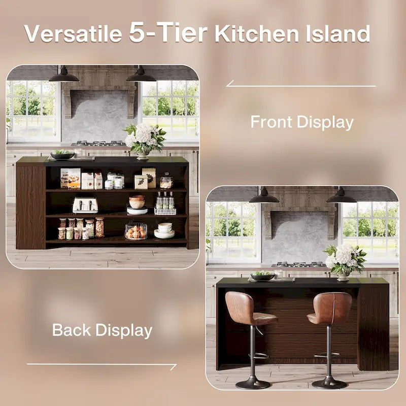 55 Inches Brown All-Wood Kitchen Island with Storage for Dining Room