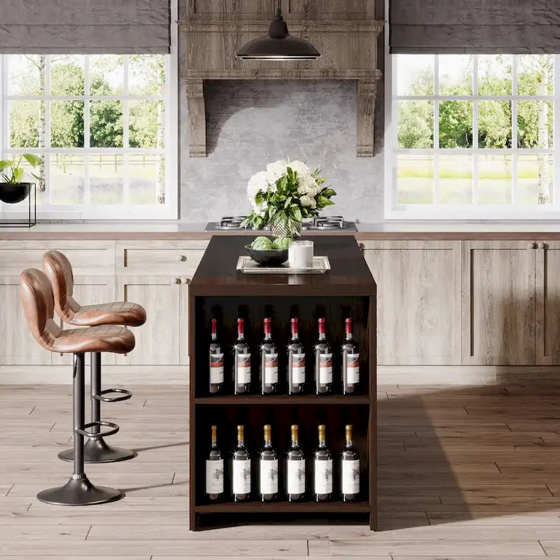 55 Inches Brown All-Wood Kitchen Island with Storage for Dining Room