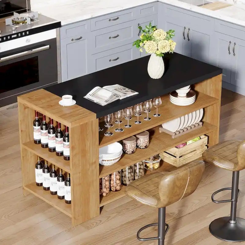 55 Inches Brown All-Wood Kitchen Island with Storage for Dining Room