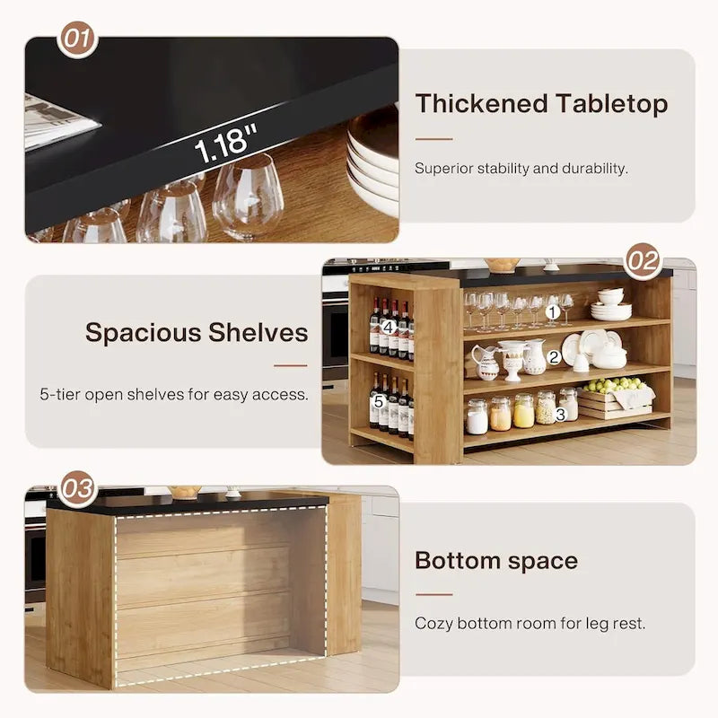 55 Inches Brown All-Wood Kitchen Island with Storage for Dining Room