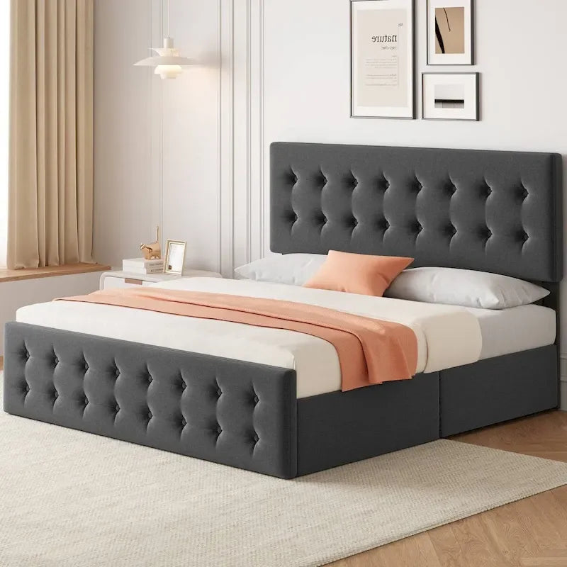 King Size Bed Frame - Linen Upholstered - 4 Storage Drawers