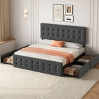 King Size Bed Frame - Linen Upholstered - 4 Storage Drawers